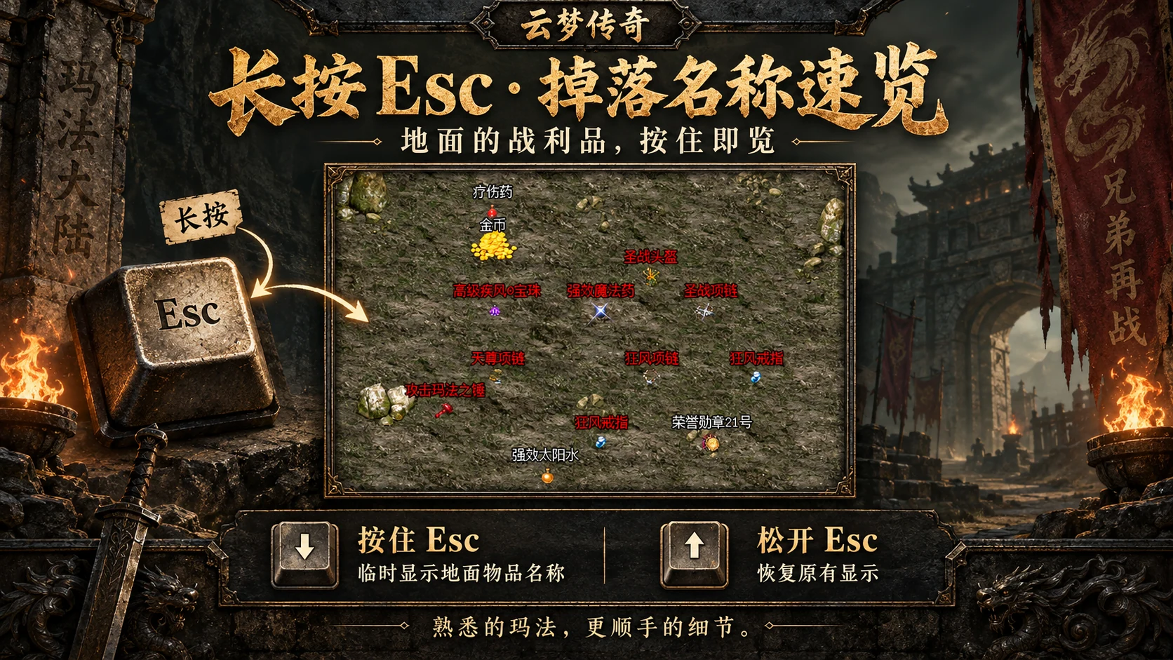 长按Esc临时显示地面掉落名称，松开恢复原有显示